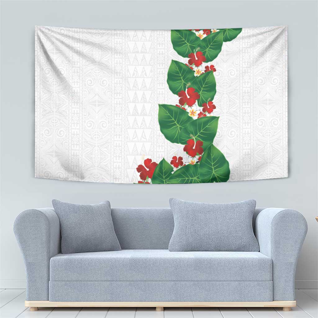 Hawaiian Taro Leaves-Hibiscus and Plumeria Tapestry Polynesian Art-Kakau Tattoo White