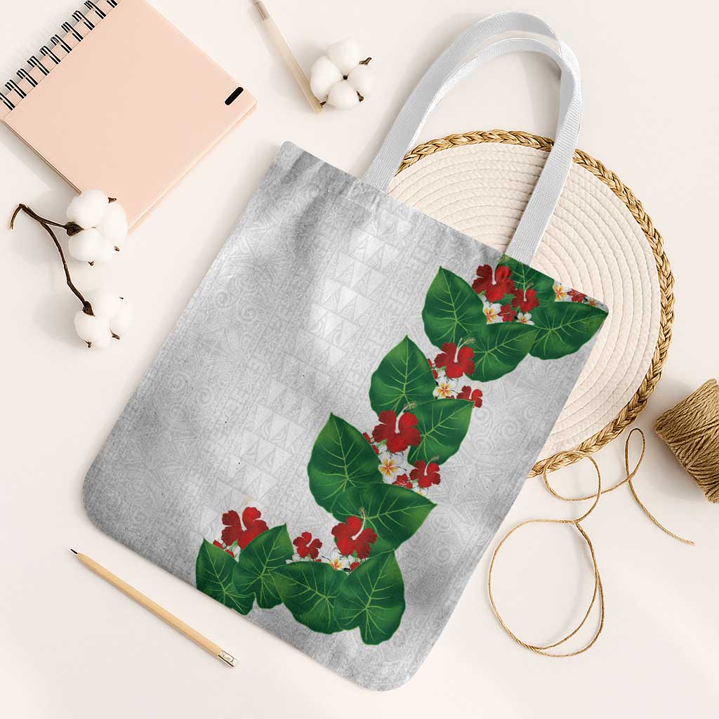 Hawaiian Taro Leaves-Hibiscus and Plumeria Tote Bag Polynesian Art-Kakau Tattoo White