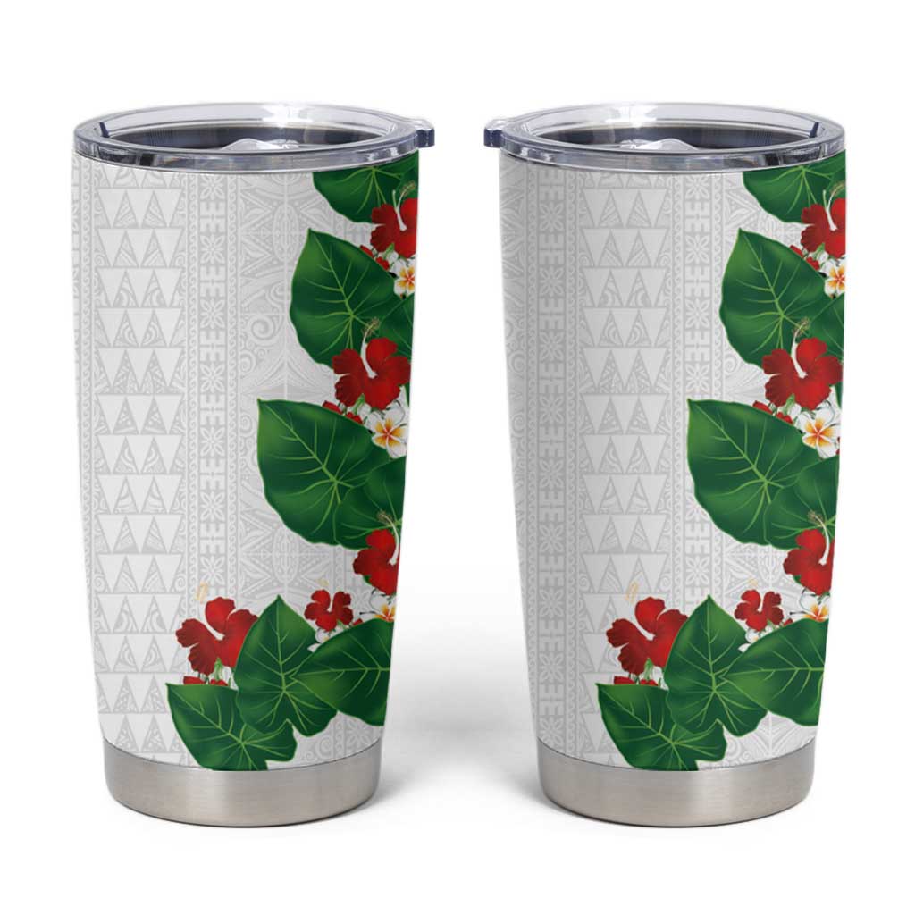 Hawaiian Taro Leaves-Hibiscus and Plumeria Tumbler Cup Polynesian Art-Kakau Tattoo White
