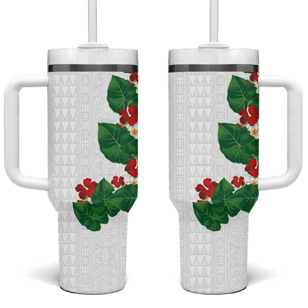 Hawaiian Taro Leaves-Hibiscus and Plumeria Tumbler With Handle Polynesian Art-Kakau Tattoo White