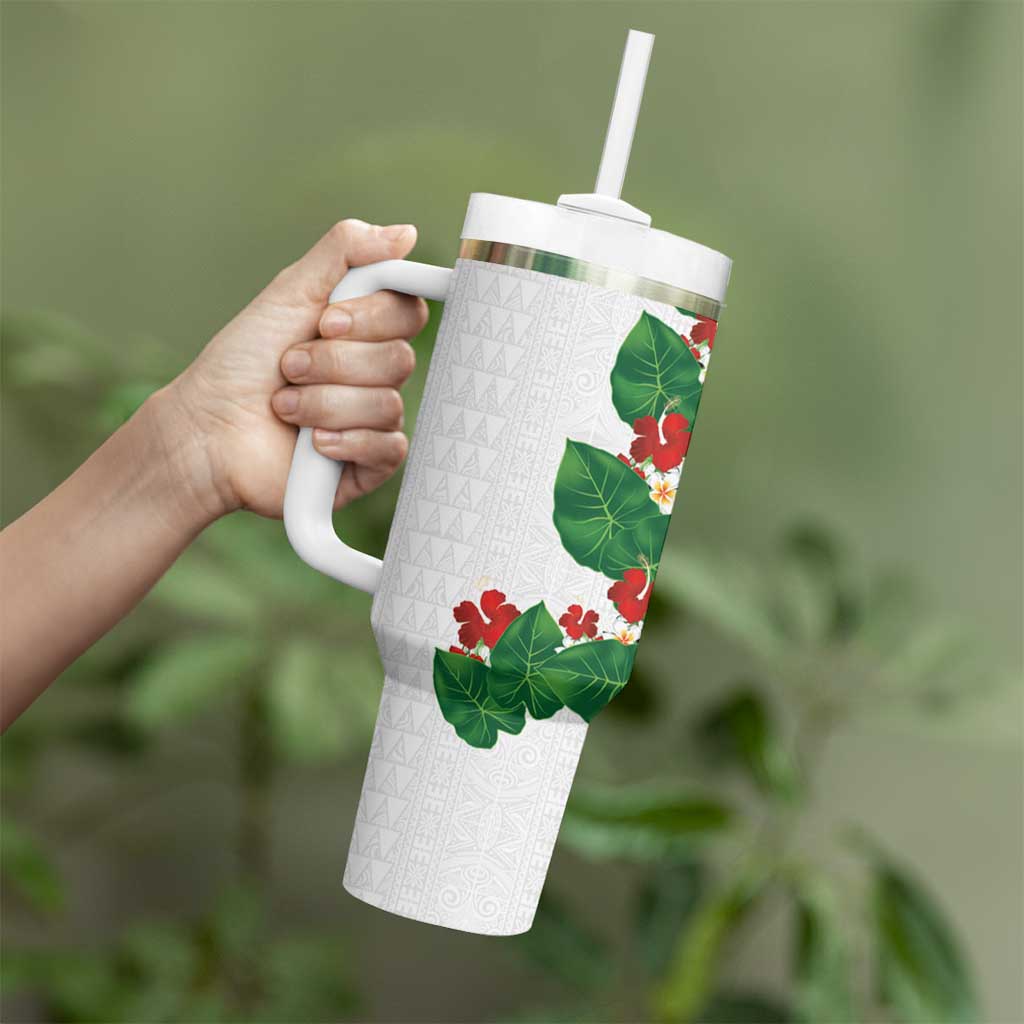 Hawaiian Taro Leaves-Hibiscus and Plumeria Tumbler With Handle Polynesian Art-Kakau Tattoo White