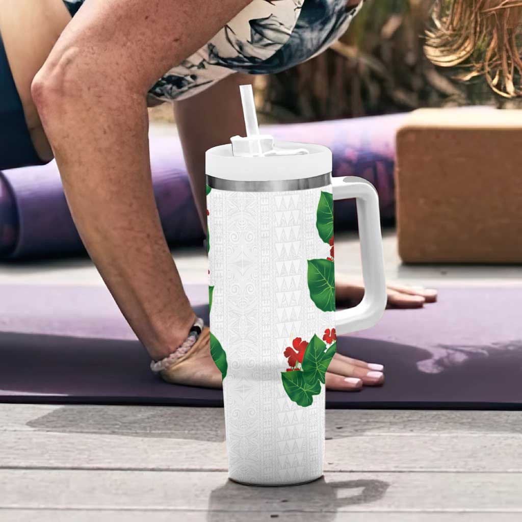 Hawaiian Taro Leaves-Hibiscus and Plumeria Tumbler With Handle Polynesian Art-Kakau Tattoo White