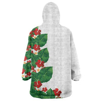 Hawaiian Taro Leaves-Hibiscus and Plumeria Wearable Blanket Hoodie Polynesian Art-Kakau Tattoo White LT03 - Polynesian Pride