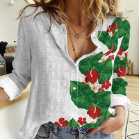 Hawaiian Taro Leaves-Hibiscus and Plumeria Women Casual Shirt Polynesian Art-Kakau Tattoo White LT03 Female White - Polynesian Pride