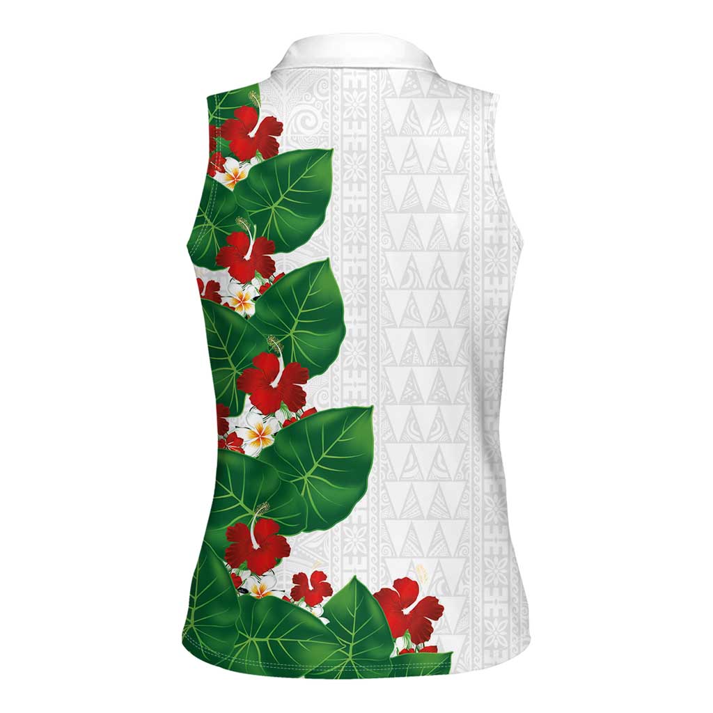 Hawaiian Taro Leaves-Hibiscus and Plumeria Women Sleeveless Polo Shirt Polynesian Art-Kakau Tattoo White LT03 - Polynesian Pride