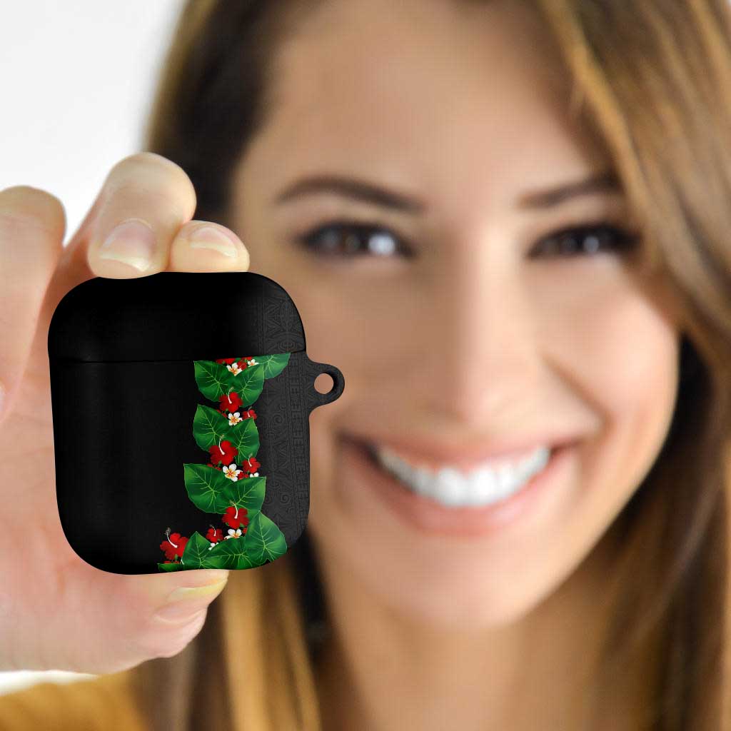 Hawaiian Taro Leaves-Hibiscus and Plumeria AirPods Case Polynesian Art-Kakau Tattoo Black