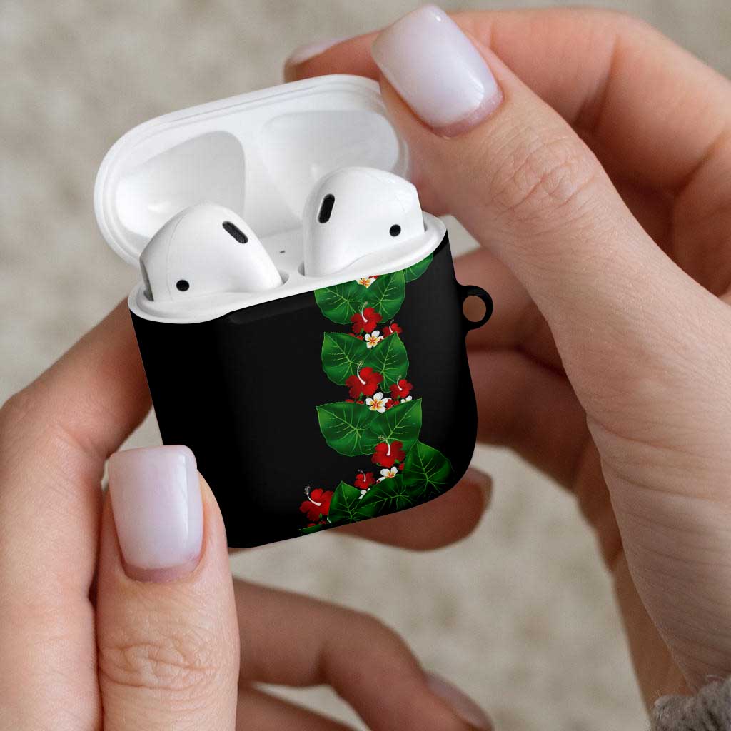 Hawaiian Taro Leaves-Hibiscus and Plumeria AirPods Case Polynesian Art-Kakau Tattoo Black