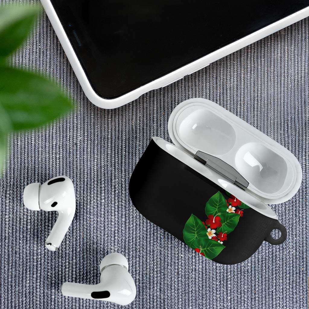 Hawaiian Taro Leaves-Hibiscus and Plumeria AirPods Case Polynesian Art-Kakau Tattoo Black