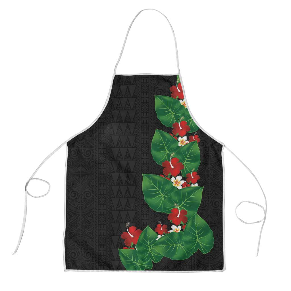 Hawaiian Taro Leaves-Hibiscus and Plumeria Apron Polynesian Art-Kakau Tattoo Black