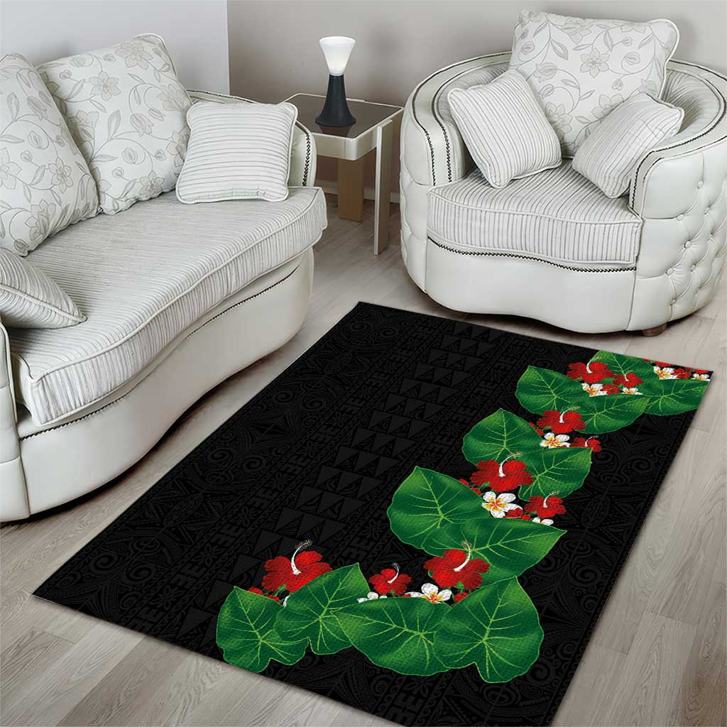 Hawaiian Taro Leaves-Hibiscus and Plumeria Area Rug Polynesian Art-Kakau Tattoo Black