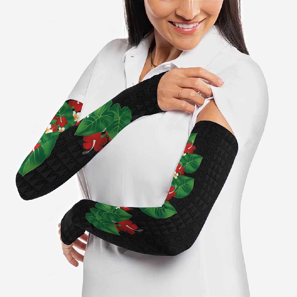 Hawaiian Taro Leaves-Hibiscus and Plumeria Arm Sleeves Polynesian Art-Kakau Tattoo Black