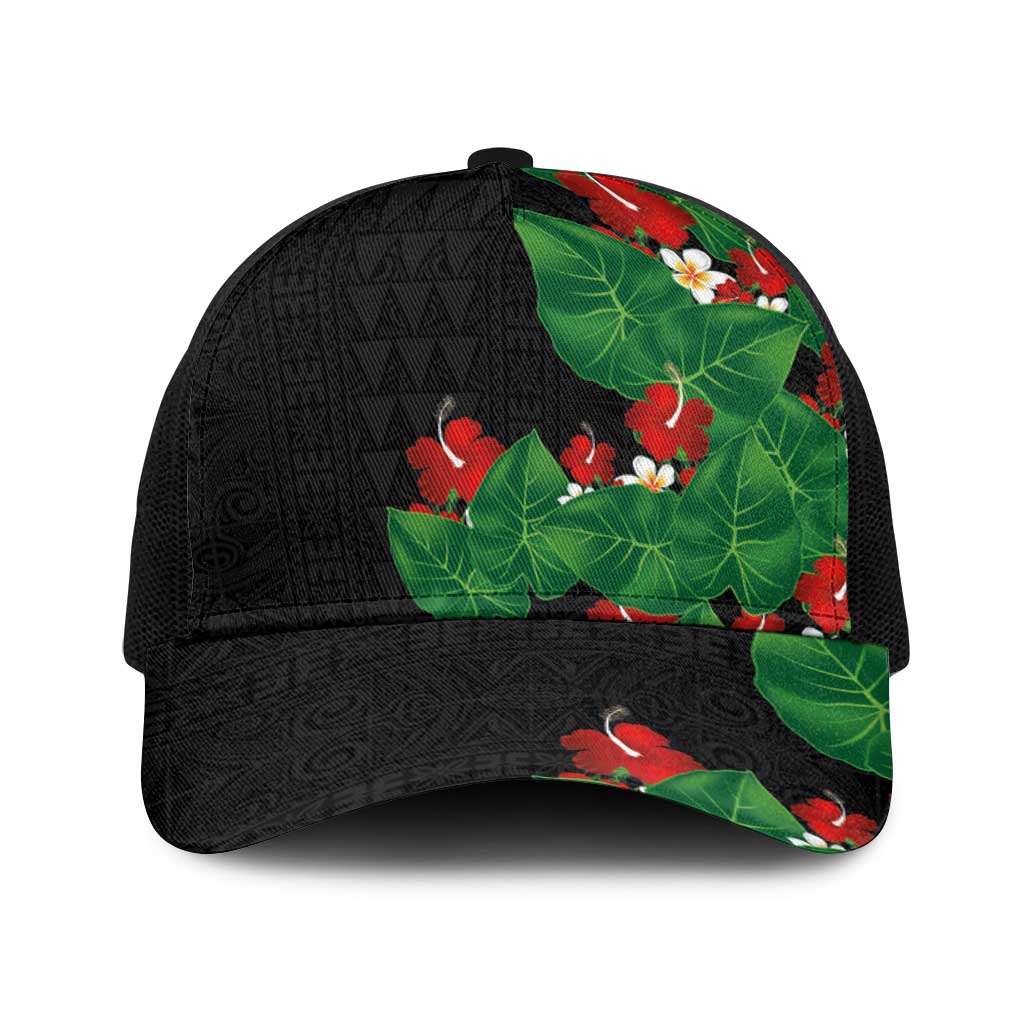 Hawaiian Taro Leaves-Hibiscus and Plumeria Baseball Net Cap Polynesian Art-Kakau Tattoo Black