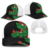 Hawaiian Taro Leaves-Hibiscus and Plumeria Baseball Net Cap Polynesian Art-Kakau Tattoo Black