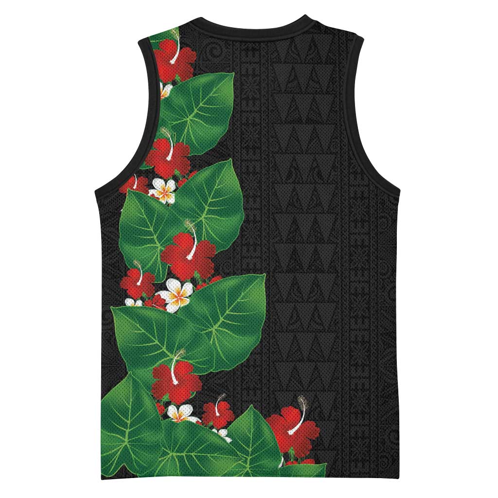 Hawaiian Taro Leaves-Hibiscus and Plumeria Basketball Jersey Polynesian Art-Kakau Tattoo Black LT03 - Polynesian Pride