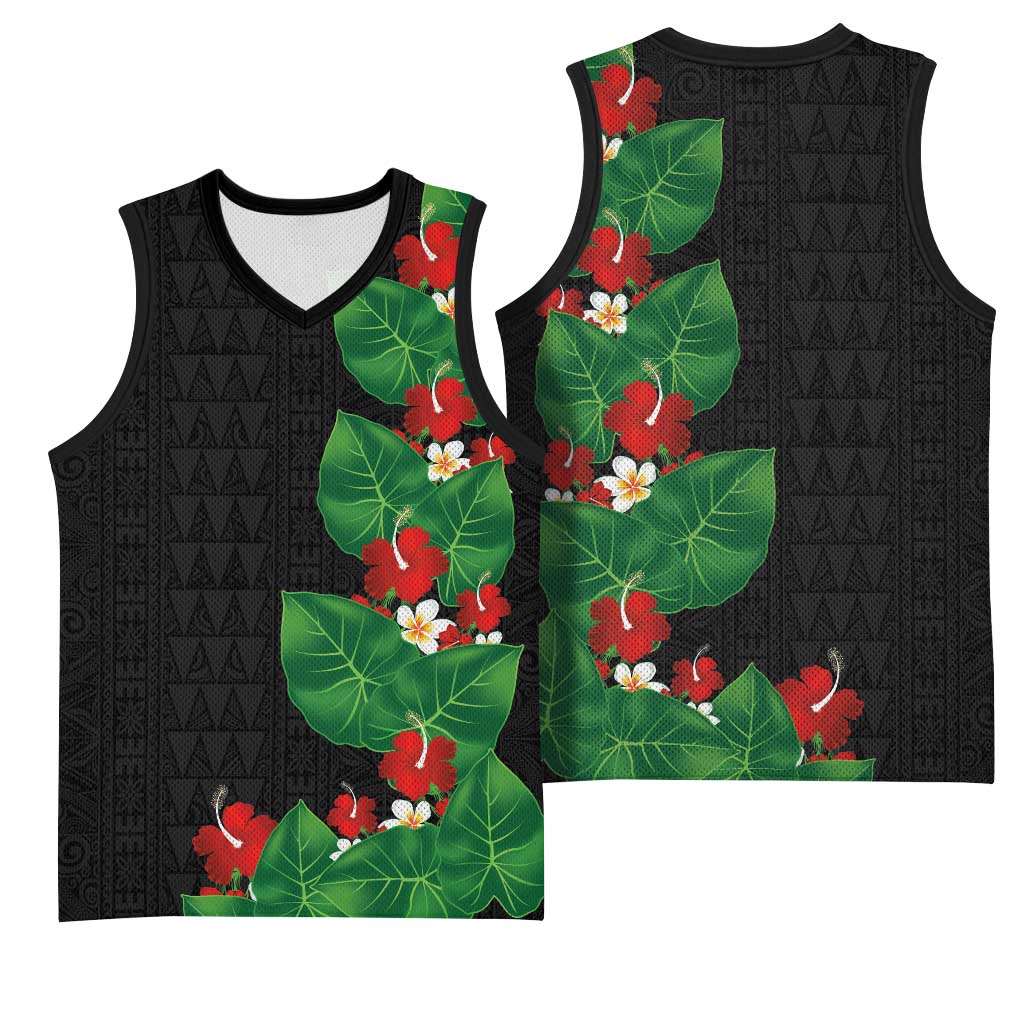 Hawaiian Taro Leaves-Hibiscus and Plumeria Basketball Jersey Polynesian Art-Kakau Tattoo Black LT03 - Polynesian Pride
