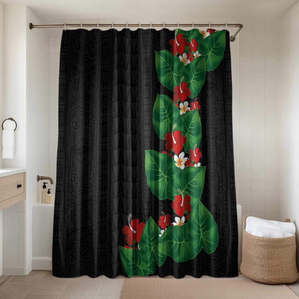 Hawaiian Taro Leaves-Hibiscus and Plumeria Bathroom Set Polynesian Art-Kakau Tattoo Black
