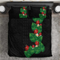Hawaiian Taro Leaves-Hibiscus and Plumeria Bedding Set Polynesian Art-Kakau Tattoo Black