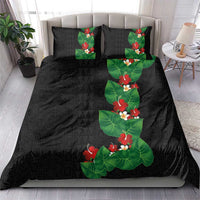 Hawaiian Taro Leaves-Hibiscus and Plumeria Bedding Set Polynesian Art-Kakau Tattoo Black