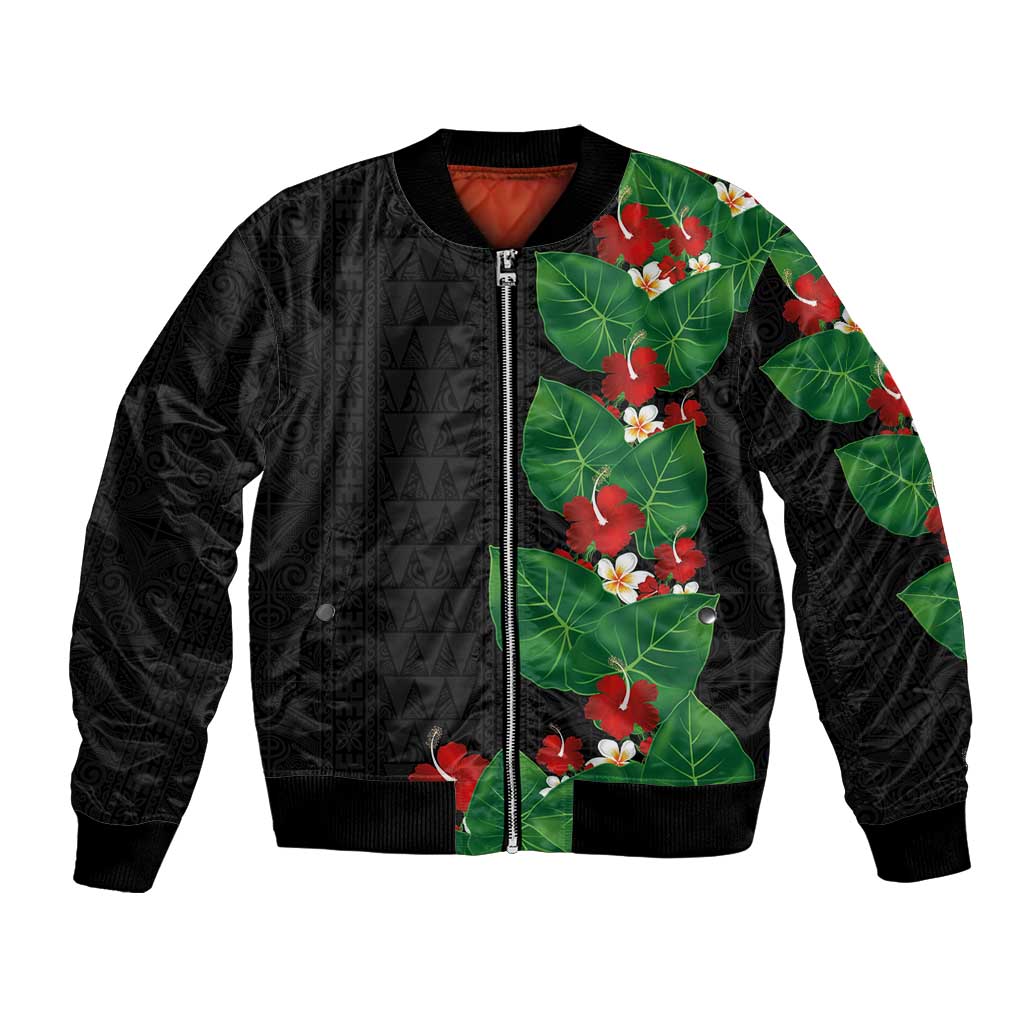 Hawaiian Taro Leaves-Hibiscus and Plumeria Bomber Jacket Polynesian Art-Kakau Tattoo Black