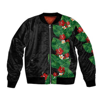 Hawaiian Taro Leaves-Hibiscus and Plumeria Bomber Jacket Polynesian Art-Kakau Tattoo Black