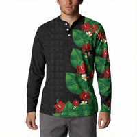 Hawaiian Taro Leaves-Hibiscus and Plumeria Button Sweatshirt Polynesian Art-Kakau Tattoo Black