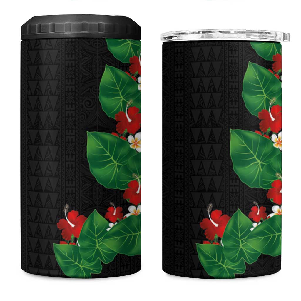 Hawaiian Taro Leaves-Hibiscus and Plumeria 4 in 1 Can Cooler Tumbler Polynesian Art-Kakau Tattoo Black LT03 One Size: 16 oz Black - Polynesian Pride