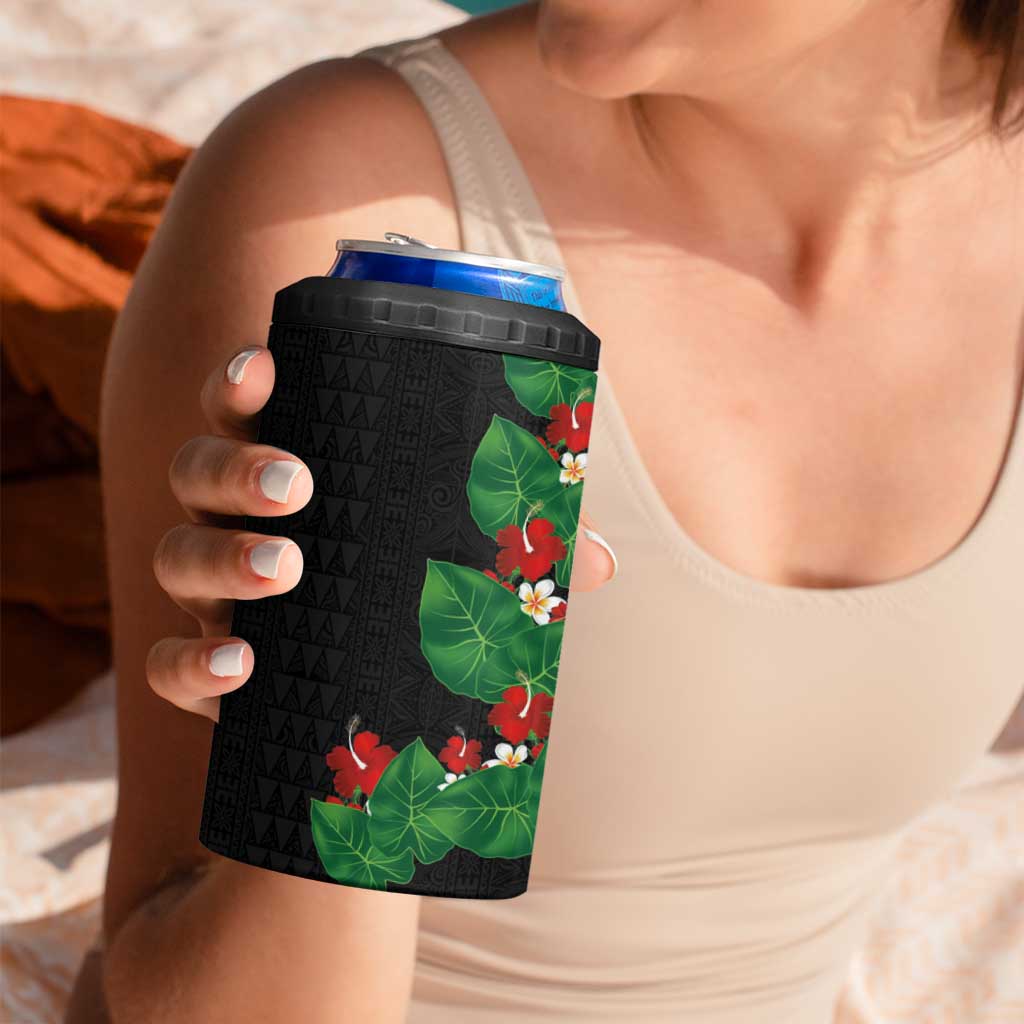 Hawaiian Taro Leaves-Hibiscus and Plumeria 4 in 1 Can Cooler Tumbler Polynesian Art-Kakau Tattoo Black LT03 - Polynesian Pride