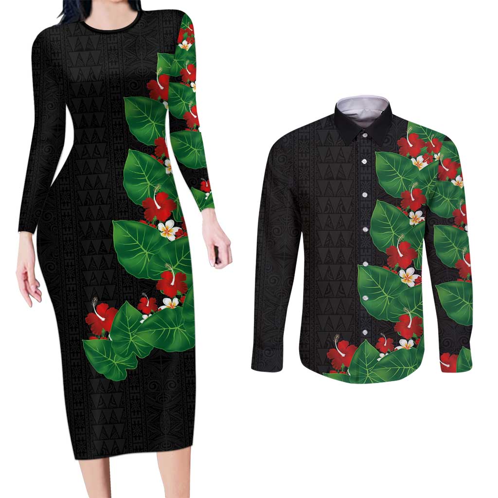 Hawaiian Taro Leaves-Hibiscus and Plumeria Couples Matching Long Sleeve Bodycon Dress and Long Sleeve Button Shirt Polynesian Art-Kakau Tattoo Black LT03 Black - Polynesian Pride