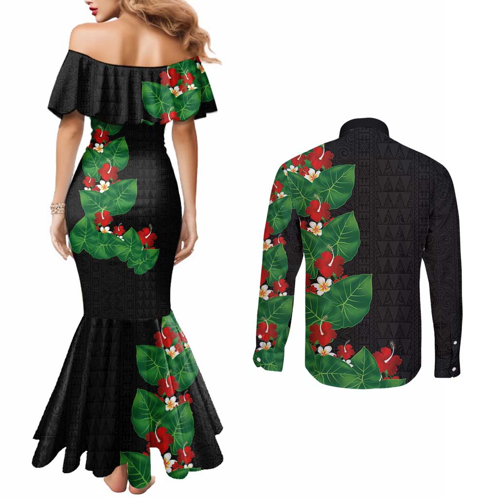 Hawaiian Taro Leaves-Hibiscus and Plumeria Couples Matching Mermaid Dress and Long Sleeve Button Shirt Polynesian Art-Kakau Tattoo Black LT03 - Polynesian Pride
