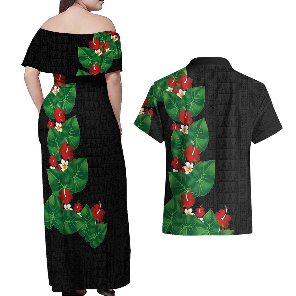 Hawaiian Taro Leaves-Hibiscus and Plumeria Couples Matching Off Shoulder Maxi Dress and Hawaiian Shirt Polynesian Art-Kakau Tattoo Black LT03 - Polynesian Pride