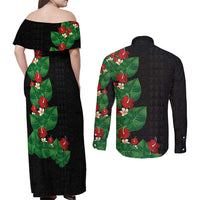 Hawaiian Taro Leaves-Hibiscus and Plumeria Couples Matching Off Shoulder Maxi Dress and Long Sleeve Button Shirt Polynesian Art-Kakau Tattoo Black LT03 - Polynesian Pride