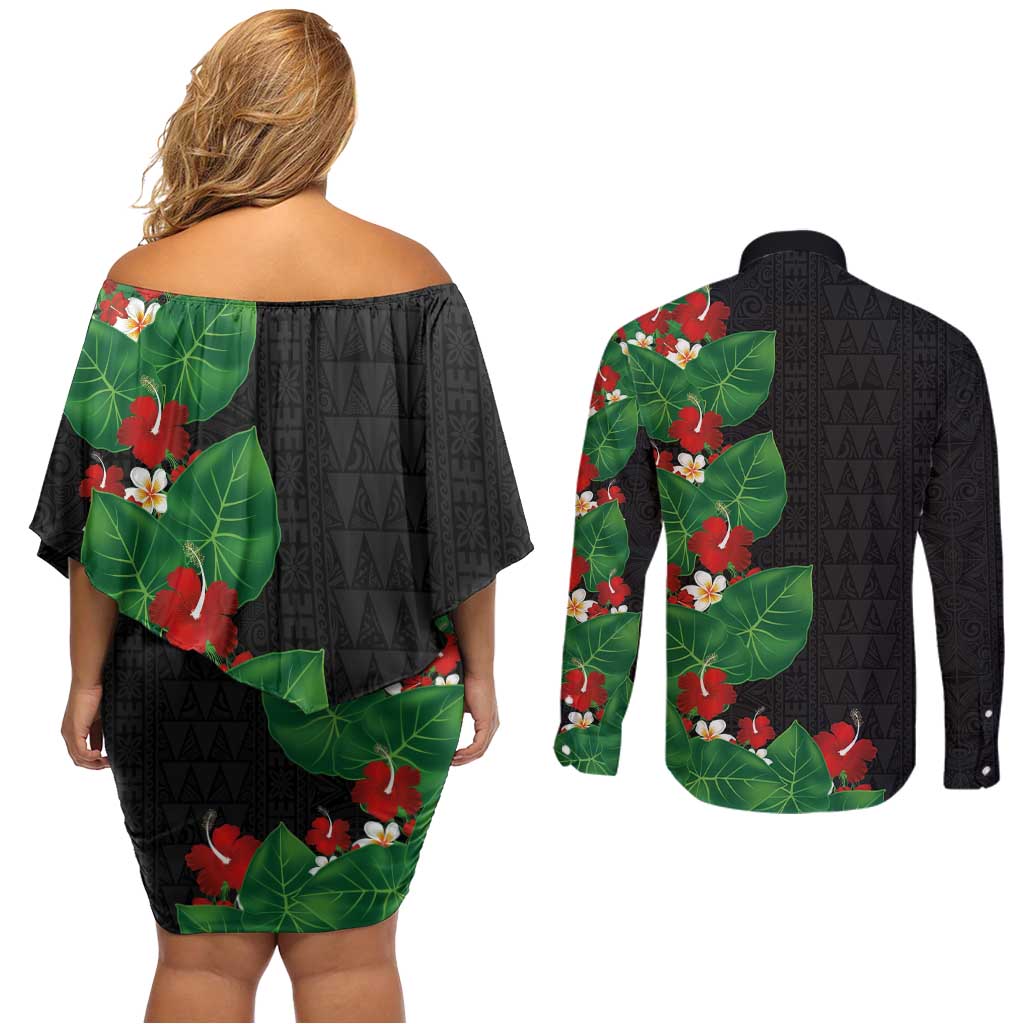 Hawaiian Taro Leaves-Hibiscus and Plumeria Couples Matching Off Shoulder Short Dress and Long Sleeve Button Shirt Polynesian Art-Kakau Tattoo Black LT03 - Polynesian Pride