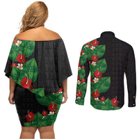 Hawaiian Taro Leaves-Hibiscus and Plumeria Couples Matching Off Shoulder Short Dress and Long Sleeve Button Shirt Polynesian Art-Kakau Tattoo Black LT03 - Polynesian Pride