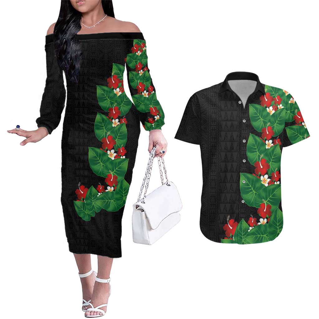 Hawaiian Taro Leaves-Hibiscus and Plumeria Couples Matching Off The Shoulder Long Sleeve Dress and Hawaiian Shirt Polynesian Art-Kakau Tattoo Black LT03 Black - Polynesian Pride