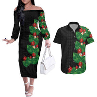 Hawaiian Taro Leaves-Hibiscus and Plumeria Couples Matching Off The Shoulder Long Sleeve Dress and Hawaiian Shirt Polynesian Art-Kakau Tattoo Black LT03 Black - Polynesian Pride