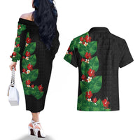 Hawaiian Taro Leaves-Hibiscus and Plumeria Couples Matching Off The Shoulder Long Sleeve Dress and Hawaiian Shirt Polynesian Art-Kakau Tattoo Black LT03 - Polynesian Pride