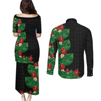 Hawaiian Taro Leaves-Hibiscus and Plumeria Couples Matching Puletasi and Long Sleeve Button Shirt Polynesian Art-Kakau Tattoo Black LT03 - Polynesian Pride