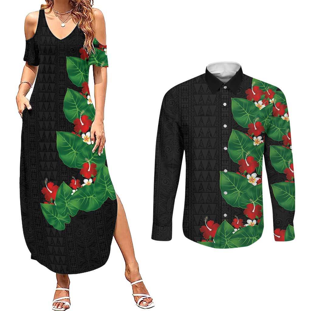 Hawaiian Taro Leaves-Hibiscus and Plumeria Couples Matching Summer Maxi Dress and Long Sleeve Button Shirt Polynesian Art-Kakau Tattoo Black LT03 Black - Polynesian Pride