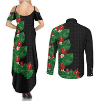 Hawaiian Taro Leaves-Hibiscus and Plumeria Couples Matching Summer Maxi Dress and Long Sleeve Button Shirt Polynesian Art-Kakau Tattoo Black LT03 - Polynesian Pride