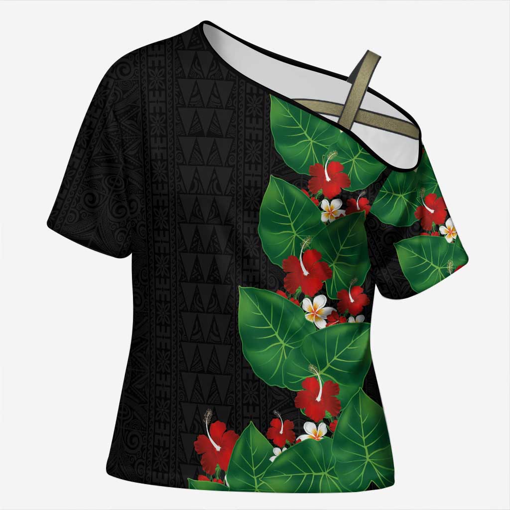 Hawaiian Taro Leaves-Hibiscus and Plumeria Cross Shoulder Shirt Polynesian Art-Kakau Tattoo Black LT03 Female Black - Polynesian Pride