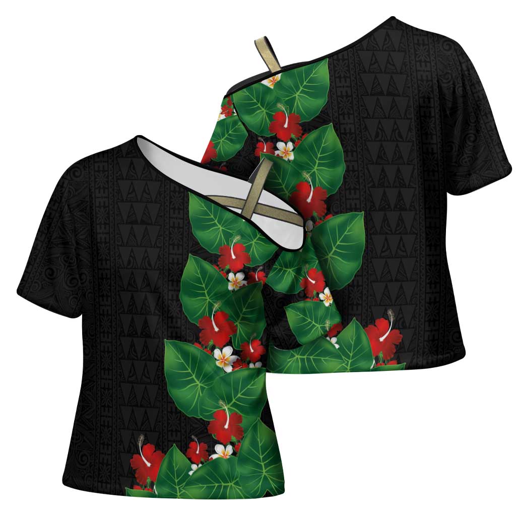 Hawaiian Taro Leaves-Hibiscus and Plumeria Cross Shoulder Shirt Polynesian Art-Kakau Tattoo Black LT03 - Polynesian Pride