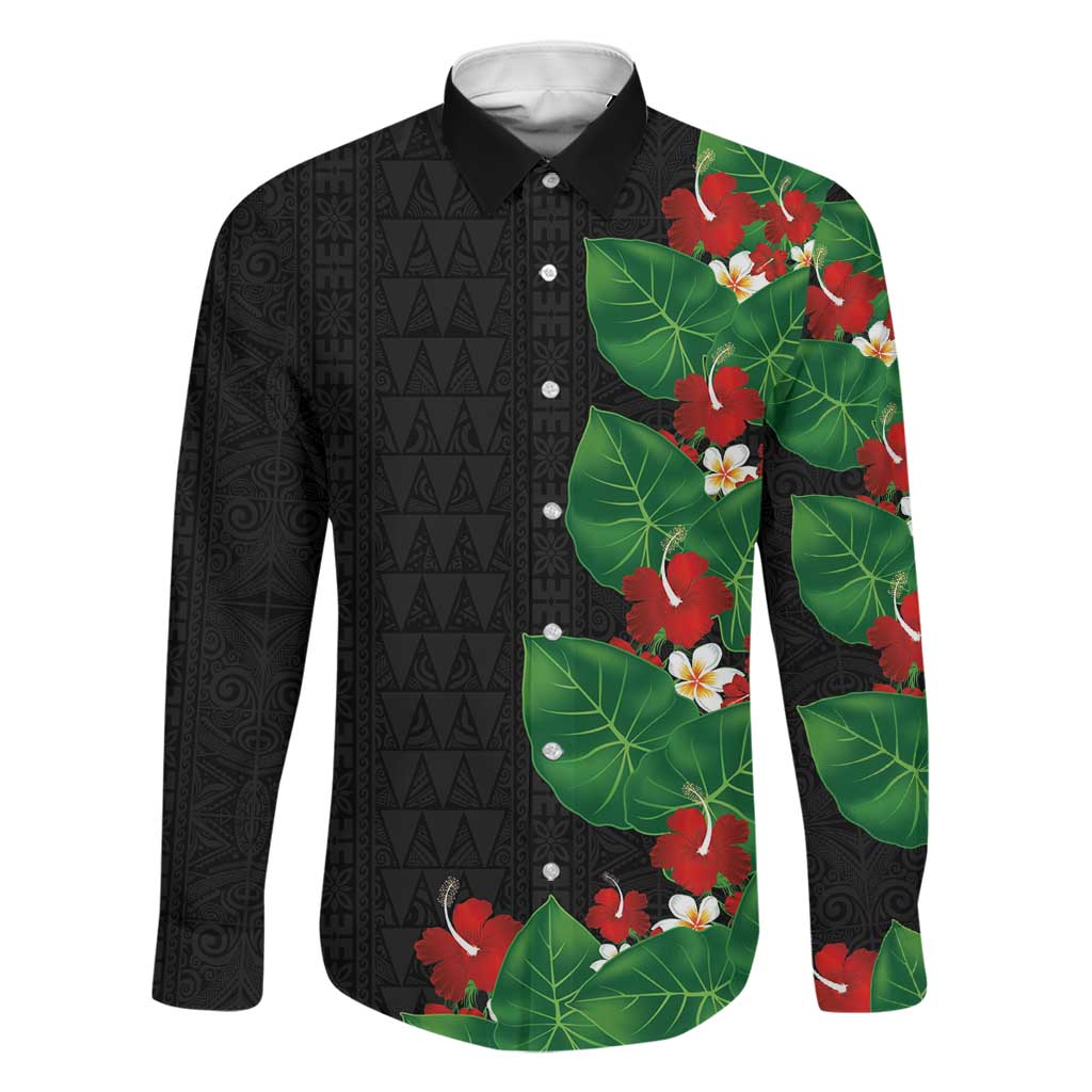 Hawaiian Taro Leaves-Hibiscus and Plumeria Family Matching Mermaid Dress and Hawaiian Shirt Polynesian Art-Kakau Tattoo Black LT03 Dad's Shirt - Long Sleeve Black - Polynesian Pride