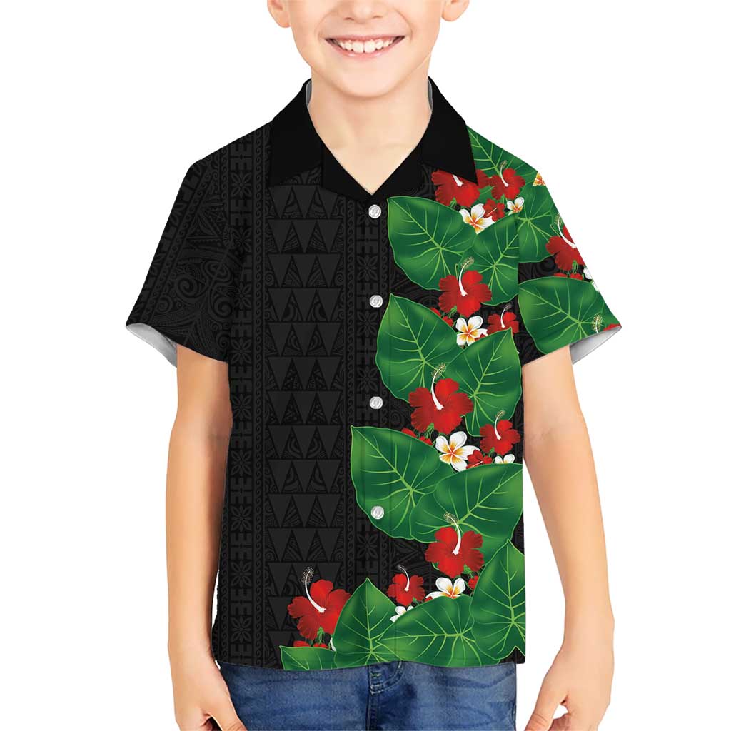 Hawaiian Taro Leaves-Hibiscus and Plumeria Family Matching Mermaid Dress and Hawaiian Shirt Polynesian Art-Kakau Tattoo Black LT03 Son's Shirt Black - Polynesian Pride