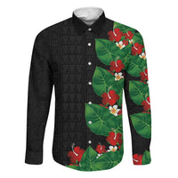 Hawaiian Taro Leaves-Hibiscus and Plumeria Family Matching Off Shoulder Maxi Dress and Hawaiian Shirt Polynesian Art-Kakau Tattoo Black LT03 Dad's Shirt - Long Sleeve Black - Polynesian Pride