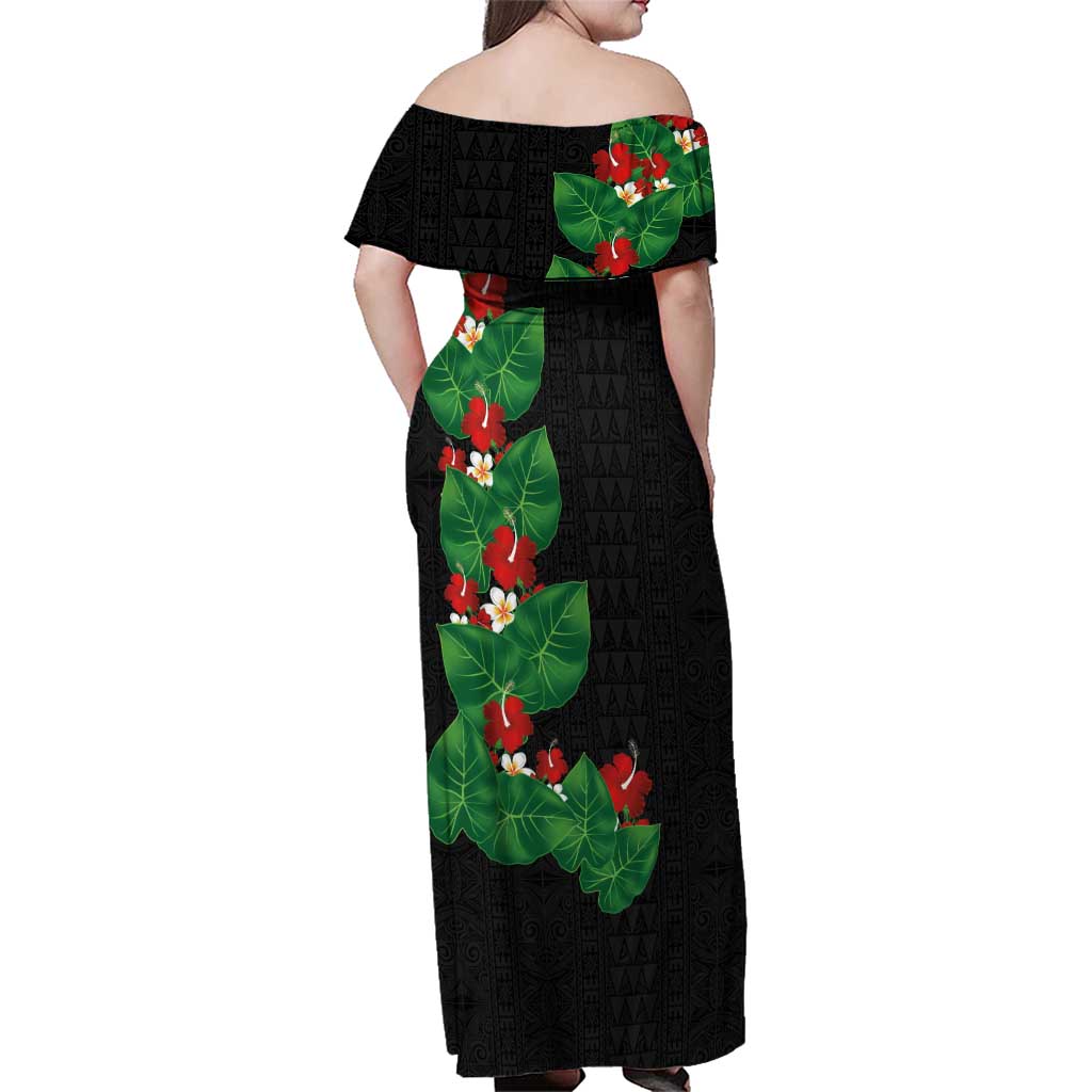 Hawaiian Taro Leaves-Hibiscus and Plumeria Family Matching Off Shoulder Maxi Dress and Hawaiian Shirt Polynesian Art-Kakau Tattoo Black LT03 - Polynesian Pride