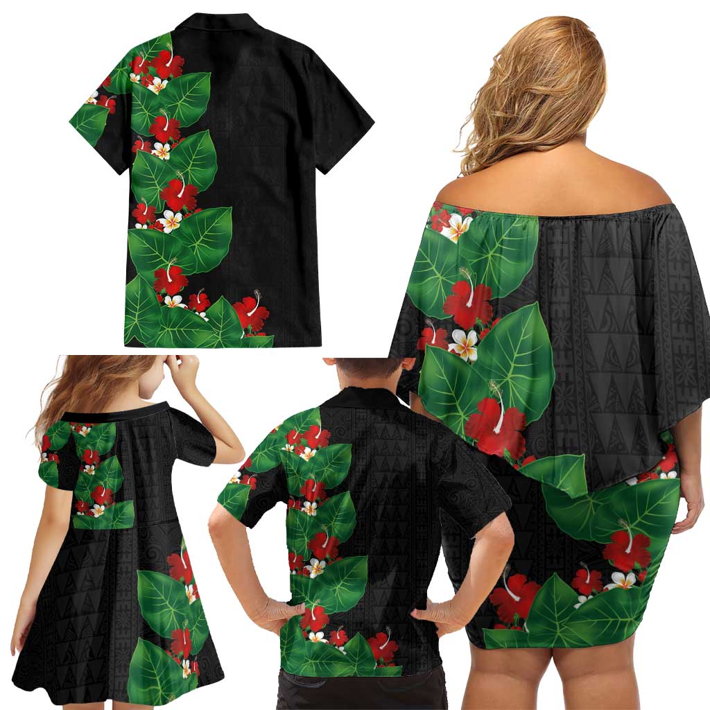 Hawaiian Taro Leaves-Hibiscus and Plumeria Family Matching Off Shoulder Short Dress and Hawaiian Shirt Polynesian Art-Kakau Tattoo Black LT03 - Polynesian Pride