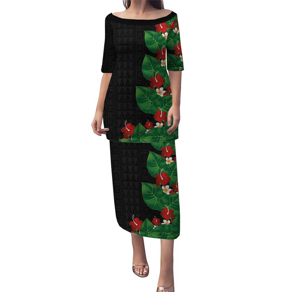 Hawaiian Taro Leaves-Hibiscus and Plumeria Family Matching Puletasi and Hawaiian Shirt Polynesian Art-Kakau Tattoo Black LT03 Mom's Dress Black - Polynesian Pride