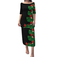 Hawaiian Taro Leaves-Hibiscus and Plumeria Family Matching Puletasi and Hawaiian Shirt Polynesian Art-Kakau Tattoo Black LT03 Mom's Dress Black - Polynesian Pride