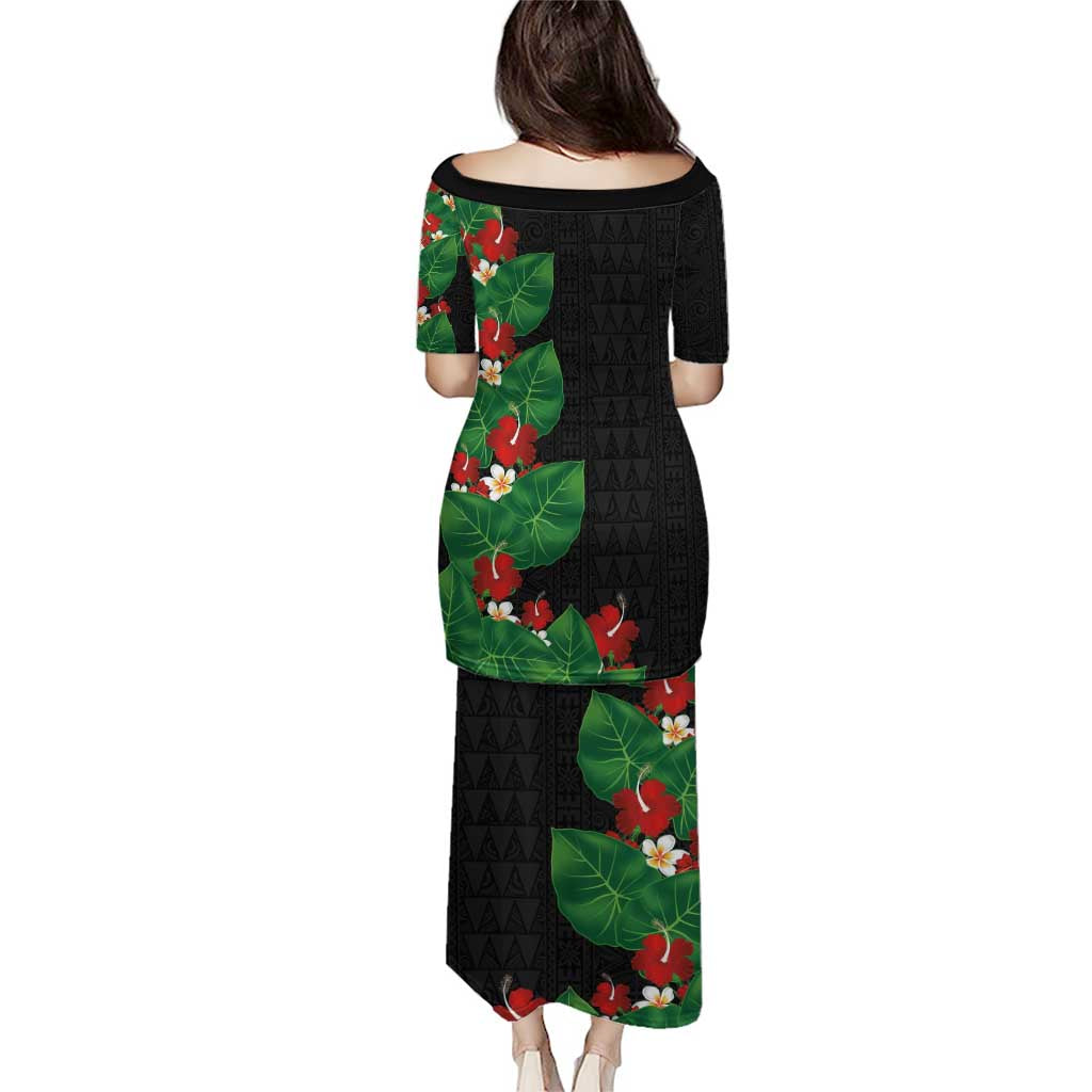 Hawaiian Taro Leaves-Hibiscus and Plumeria Family Matching Puletasi and Hawaiian Shirt Polynesian Art-Kakau Tattoo Black LT03 - Polynesian Pride