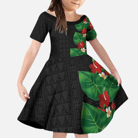 Hawaiian Taro Leaves-Hibiscus and Plumeria Family Matching Short Sleeve Bodycon Dress and Hawaiian Shirt Polynesian Art-Kakau Tattoo Black LT03 Daughter's Dress Black - Polynesian Pride